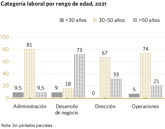 Categoría laboral por rengo de edad, 2021